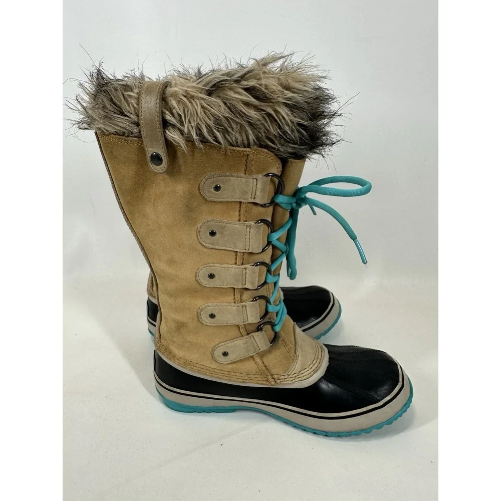 Sorel Joan of Arctic Waterproof Suede Boots NL 1540-373 Turquoise Fur Size 10
